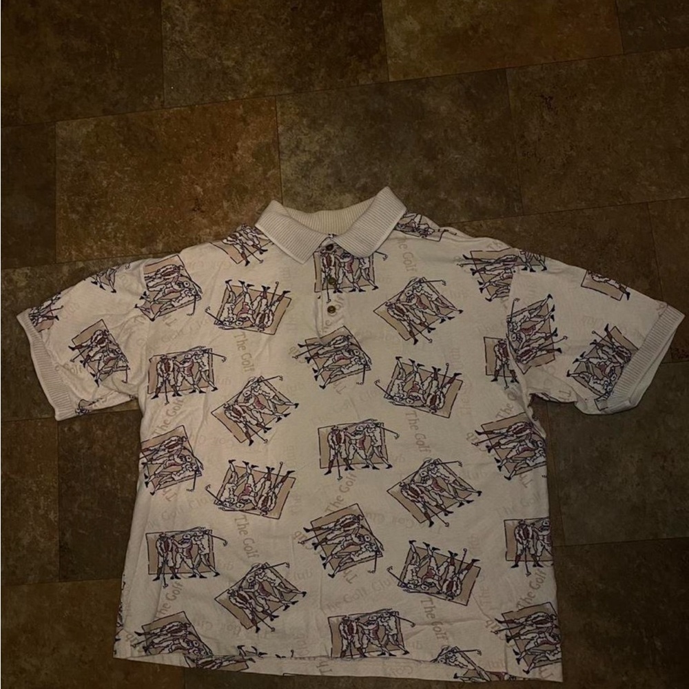 Jantzen White Polo with Navy and Brown Graphic Print